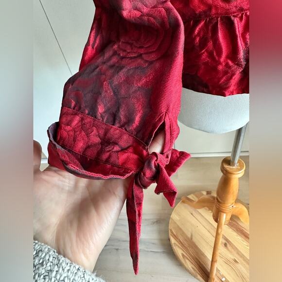 Vintage Womens Silk Blouse Floral Print Chili Red/Black 90s Designer Formal - Picture 6 of 11